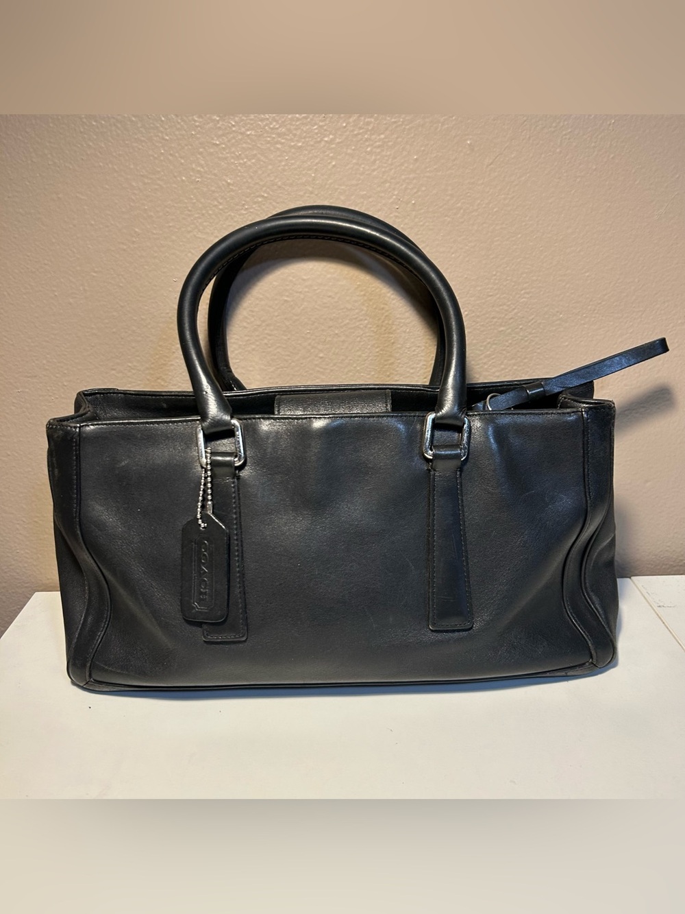 Coach Vintage Black Leather Bonnie Legacy Satchel Double top handle bag 9419